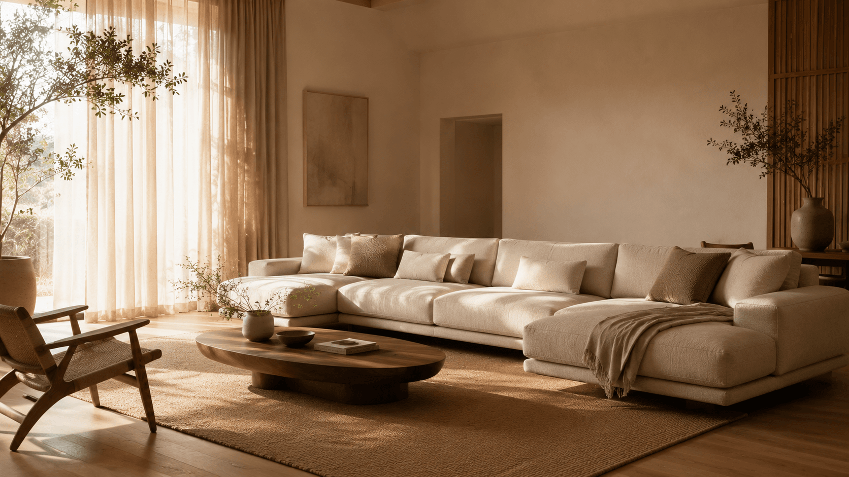 Custom three-seater sofa in warm beige fabric in a sunlit living room