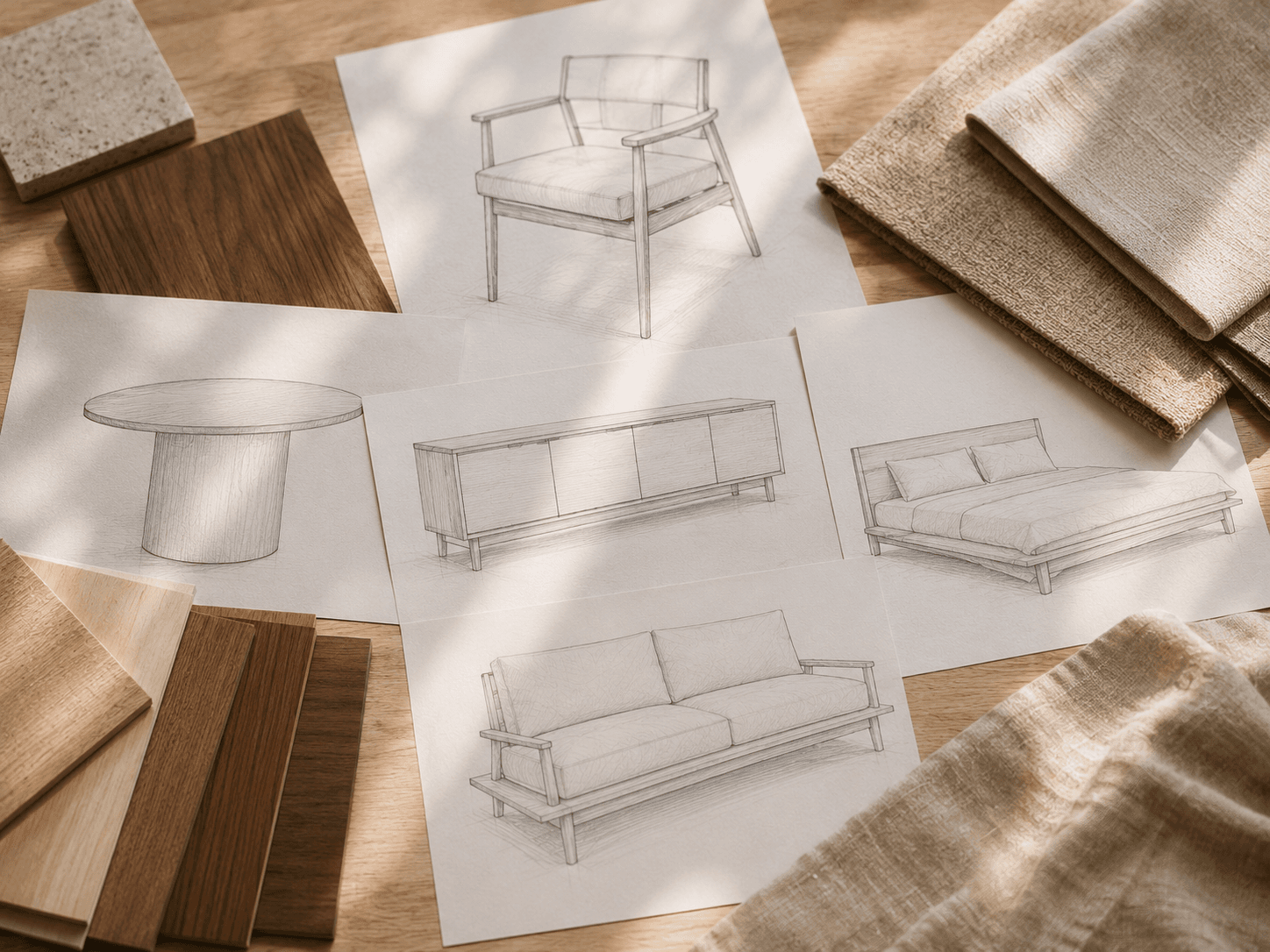 Furniture design drawings with wood and fabric samples