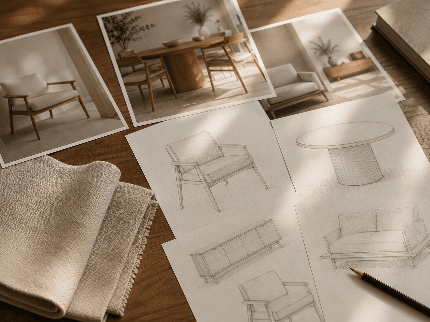 Reference photos and hand sketches for a furniture idea